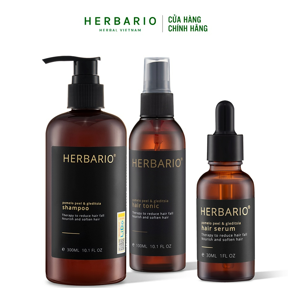 Bộ sản phẩm chăm sóc tóc: Dầu gội Herbario 300ml + Nước dưỡng tóc Herbario 100ml + Serum tóc Herbario 30ml