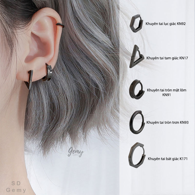 Khuyên tai bạc tròn nam nữ màu đen s925 nhiều mẫu độc lạ unisex (1 chiếc) | GEMY SILVER KN93