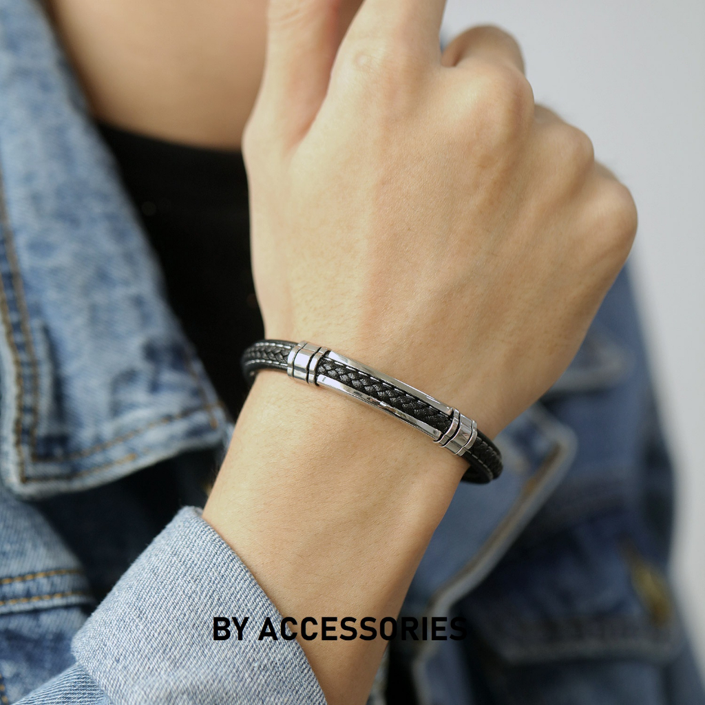 Vòng tay dây da phối chi tiết khung kim loại titan không gỉ MB07