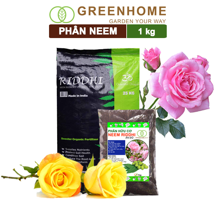 Phân bón hữu cơ neem Greenhome, bao 1kg, trị sùng đất, cuốn chiếu, hỗ trợ kích rễ, mầm, hoa, thân, lá