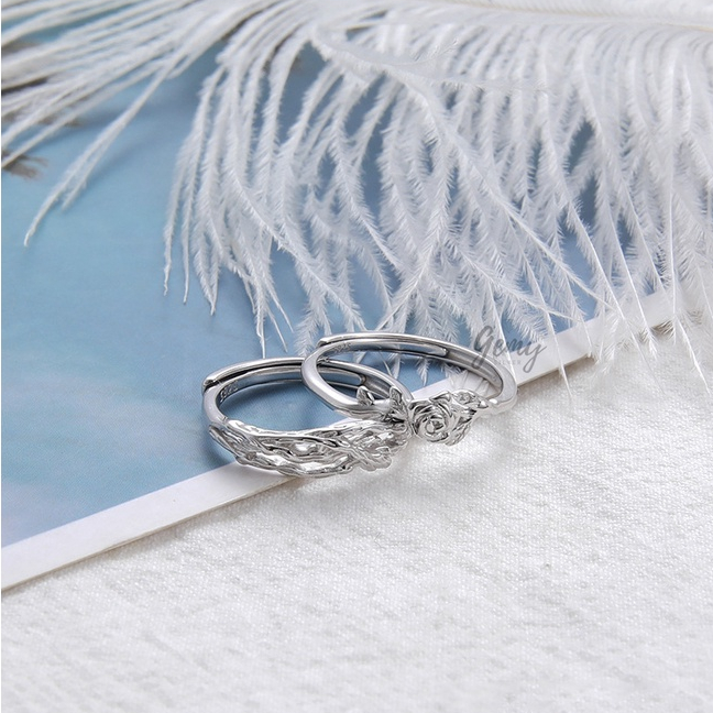 Set nhẫn đôi nam nữ bạc 925 cao cấp mặt hình cây và hoa hồng Rose thời trang, unisex | GEMY SILVER NN14
