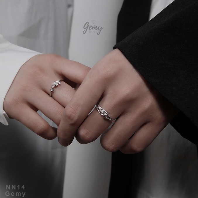 Set nhẫn đôi nam nữ bạc 925 cao cấp mặt hình cây và hoa hồng Rose thời trang, unisex | GEMY SILVER NN14