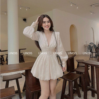 [TO02] Đầm Dự Tiệc Tay Dài Phồng Vai Cổ V Bo Eo Đuôi Bí - Vải Tơ - 3 Màu Trắng, Đen, Hồng - Dành Cho Nàng Đi Tiệc