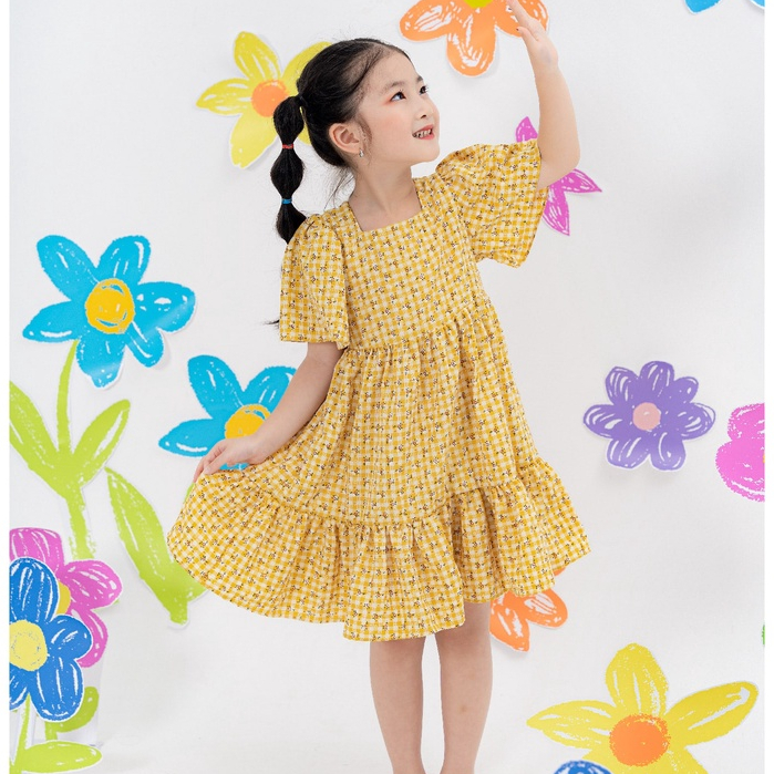 Váy bé gái ILABY cổ vuông chun sau lưng chất liệu thô đũi 2 màu vàng - xanh [10IG1494A3DL]