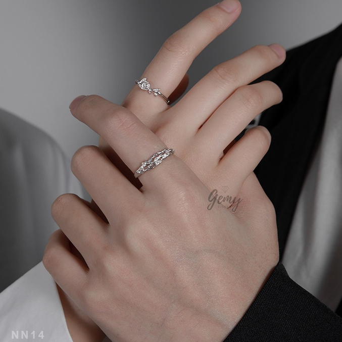 Set nhẫn đôi nam nữ bạc 925 cao cấp mặt hình cây và hoa hồng Rose thời trang, unisex | GEMY SILVER NN14