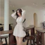 Đầm Dự Tiệc Tay Dài Phồng Vai Cổ V Bo Eo Đuôi Bí - Vải Tơ - 3 Màu Trắng, Đen, Hồng - Dành Cho Nàng Đi Tiệc
