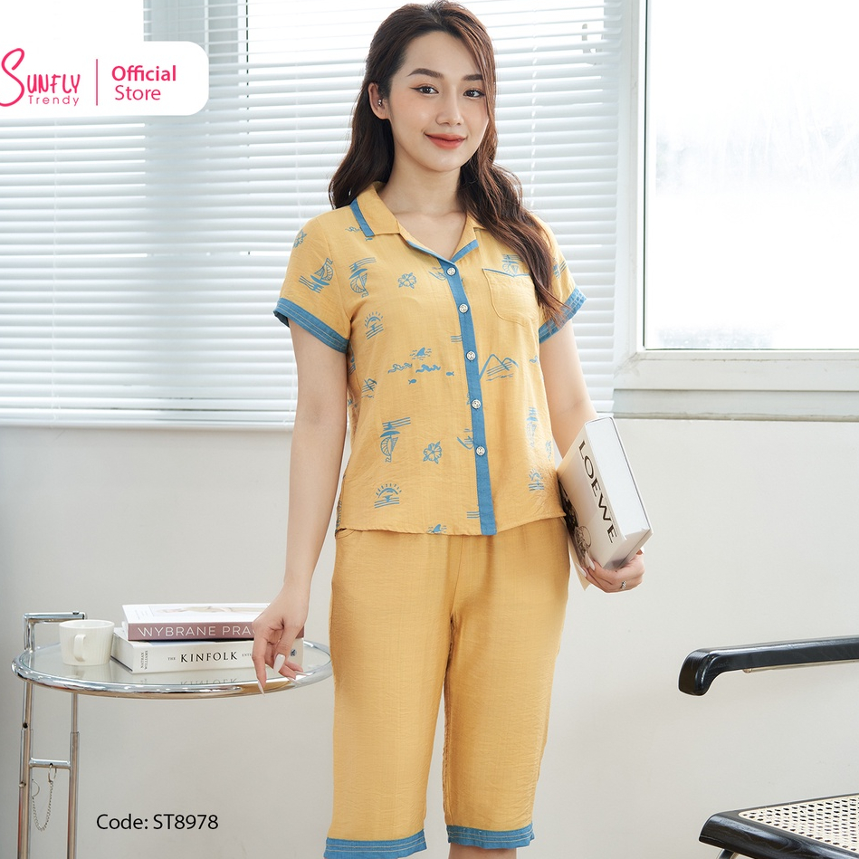 Bộ Đồ Mặc Nhà Nữ Pijamas Linen SUNFLY Áo Cộc Quần Ngố ST8978