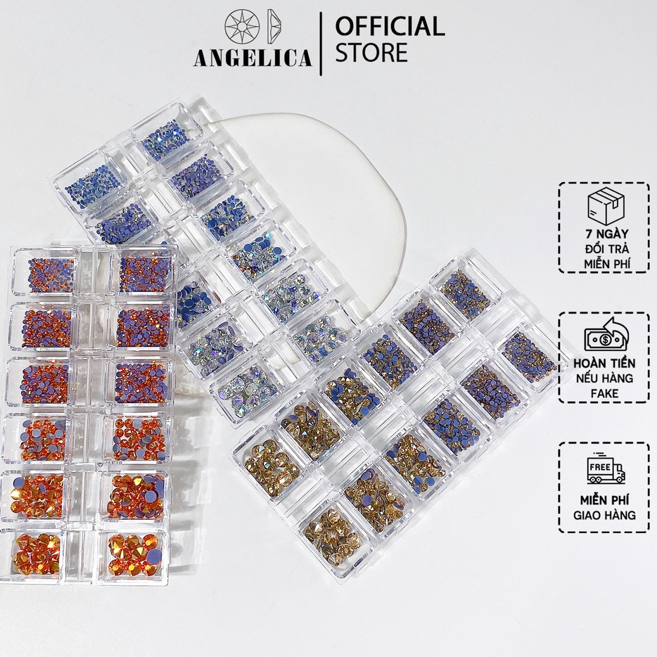 Khay đá nail Luxury chân lưới 16 khía đủ màu cao cấp mix size đá đính trang trí móng ANGELICA LUX