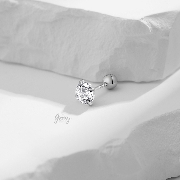 Khuyên tai nam bạc tròn nụ mặt đá bi chốt vặn nhiều size đơn giản, cá tính | GEMY SILVER K190