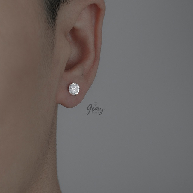 Khuyên tai nam bạc tròn nụ mặt đá bi chốt vặn nhiều size đơn giản, cá tính | GEMY SILVER K190