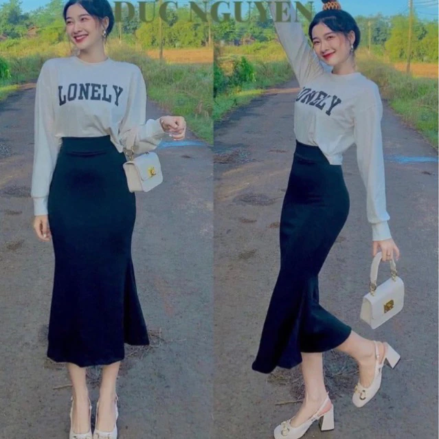 Chân váy đuôi cá dáng dài, váy đuôi cá xòe tôn dáng cực xinh chất vải co giãn dáng Midi xòe Ulzzang