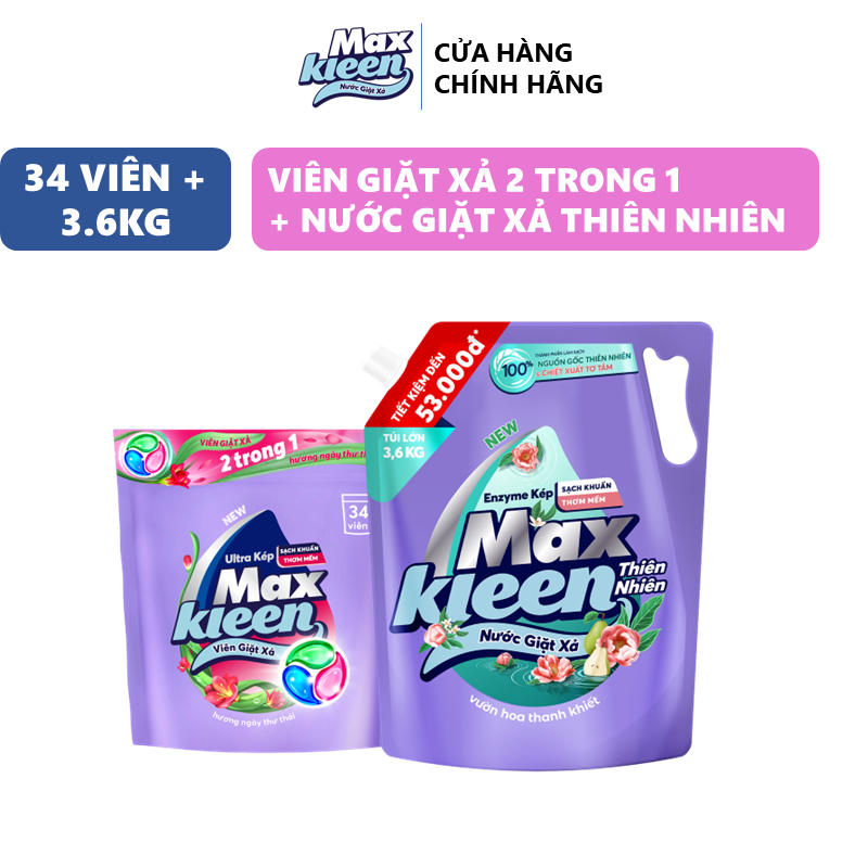 Ảnh Combo Túi Nước Giặt Xả Thiên Nhiên 3.6kg + Túi Viên Giặt Xả MaxKleen hương ngày thư thái (34 viên/túi) 2
