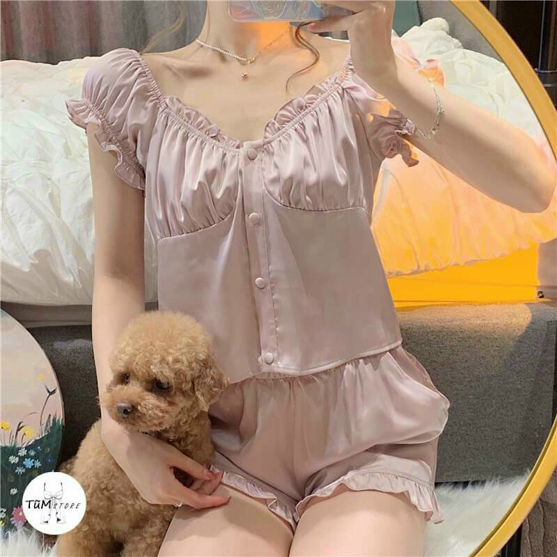 Bộ ngủ cộc đùi lụa tiểu thư sang chảnh- bộ ngủ mặc nhà thanh lịch nhã nhặn