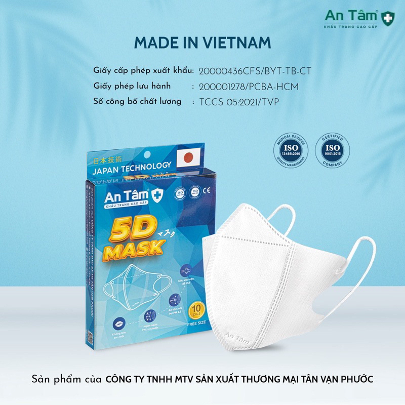 5D MASK - Set 500 cái Khẩu trang 3 lớp kháng khuẩn chính hãng An Tâm ôm sát khuôn mặt, bảo vệ tối ưu