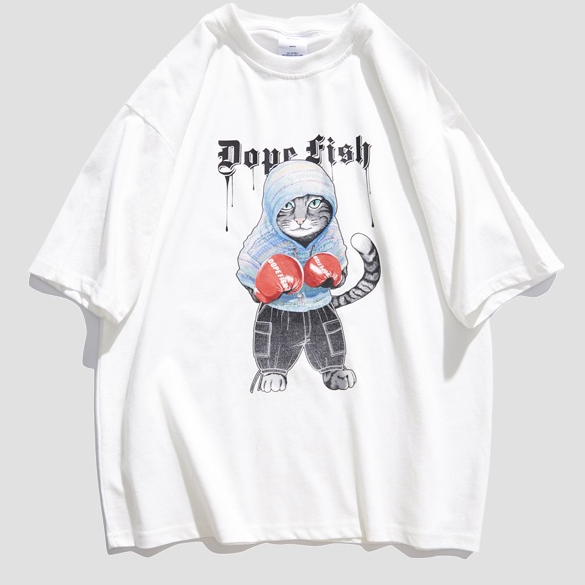 Áo Thun Nam HappyFamily - Áo Phông Tay lỡ Họa Tiết Chú Mèo Dope Fish Chất Cotton 100 Cao Cấp Màu Trắng