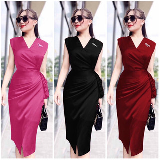 Đầm body cổ v bèo kèm tab cao cấp TẶNG KÈM HOA TAI THỜI TRANG