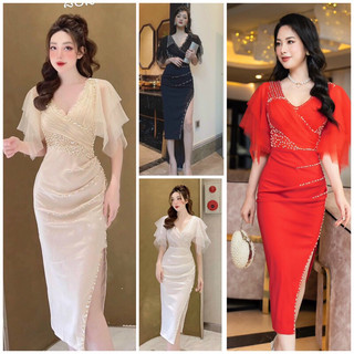 Đầm body dự tiệc tay lưới kết pha lê cao cấp kèm ảnh thật TẶNG KÈM HOA TAI THỜI TRANG