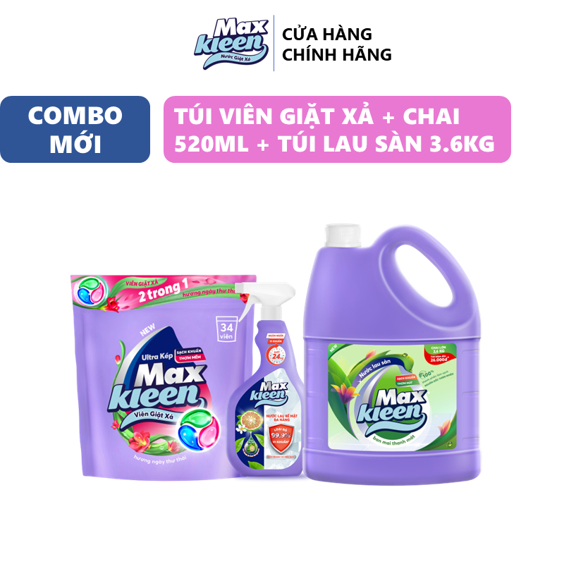 Ảnh Combo Chai Lau sàn MaxKleen Ban mai 3.6kg + Viên giặt (34 viên/túi)+ Chai xịt đa năng 520ml 2