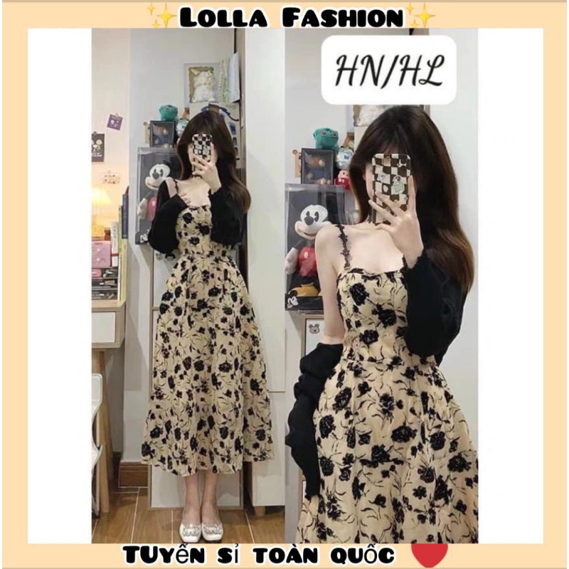 (Hàng 3 size): Sét áo cardigan + váy hoa nhí 2 lớp có cúp ngực khoá sườn,Set đầm hoa nhí maxi đi biển LOLLAYE SV.1