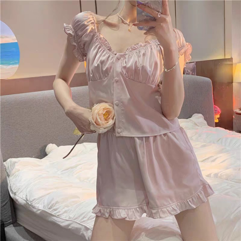 Bộ ngủ cộc đùi lụa tiểu thư sang chảnh- bộ ngủ mặc nhà thanh lịch nhã nhặn