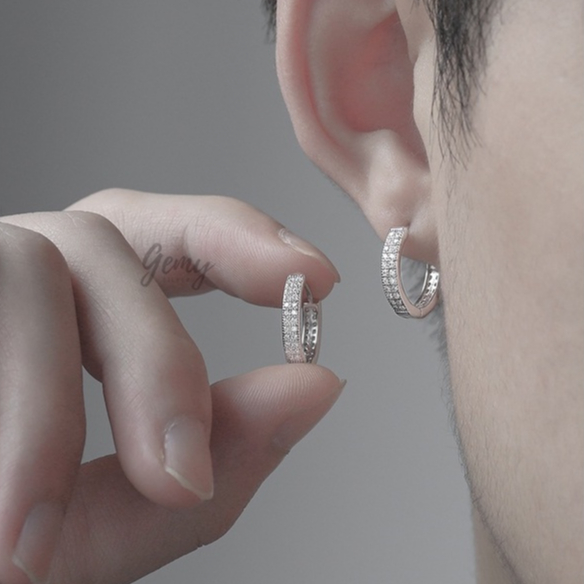 Khuyên tai nam bạc tròn đính đá cá tính lịch lãm unisex Audrey 2 (1 chiếc) | GEMY SILVER KN44