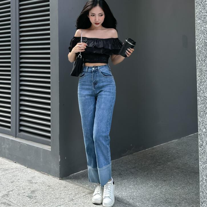 Quần Jean Ống Đứng Nữ Gấp Lai Lưng Cao Co Giãn TiQi Jeans G1-525