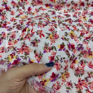 Vải Linen Bột Gân Hoa Nhí Đỏ Cam Mềm Rũ Khổ 1m40