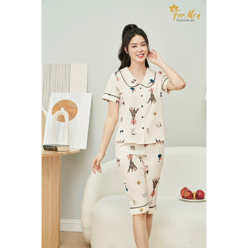 Bộ mặc nhà chất Lụa Hàn Châu Cao Cấp quần lửng tay ngắn hoạ tiết đẹp sang trọng