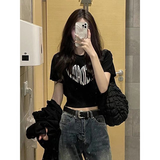 Áo Croptop, áo thun Tay Ngắn cổ tròn kiểu In Chữ trái tim dành cho nữ