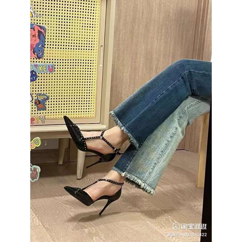 Guốc mũi nhọn cao gót đính đinh- đá style Châu Mỹ Cao gót mũi nhọn