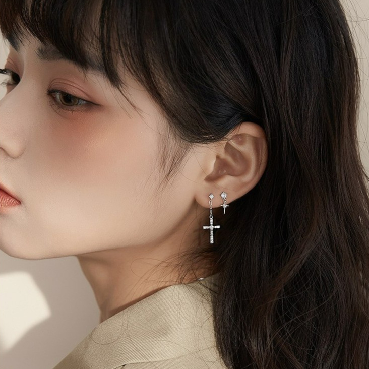 Khuyên tai nam nữ bạc 925 hình chữ thập thánh giá mắt xích unisex dáng dài cá tính (1 chiếc) K114 | GEMY SILVER