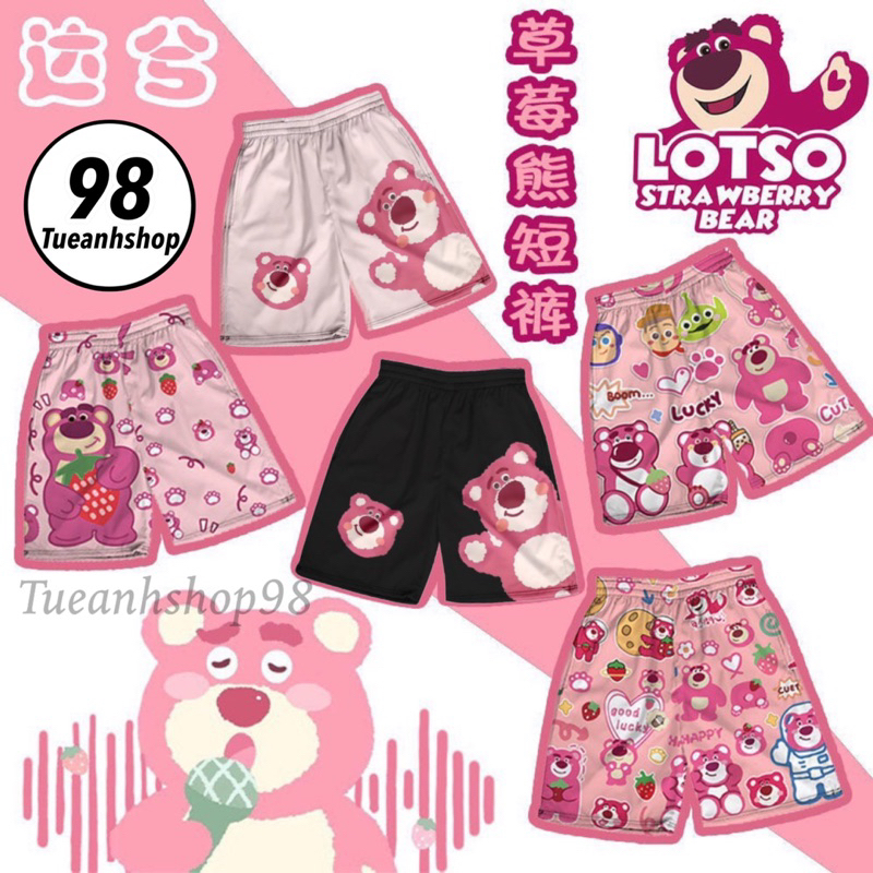 Quần Gấu Dâu Lotso Short Lững Cartoon-Quần Đùi Thun Cotton Hoạt Hình Nam Nữ Unisex Mặc Nhóm Đi Biển