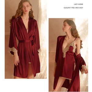 Set Váy Ngủ Lụa Nữ Viền Ren Cổ V Xẻ Sâu Tặng Kèm Áo Ngủ Lụa Đai Thắt Eo Sang Chảnh
