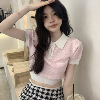 Áo Croptop Trái Tim Hồng Tay Ngắn Cổ Polo Dáng Ôm Thời Trang Mùa Hè Quyến Rũ Cho Nữ (mẫu mới)