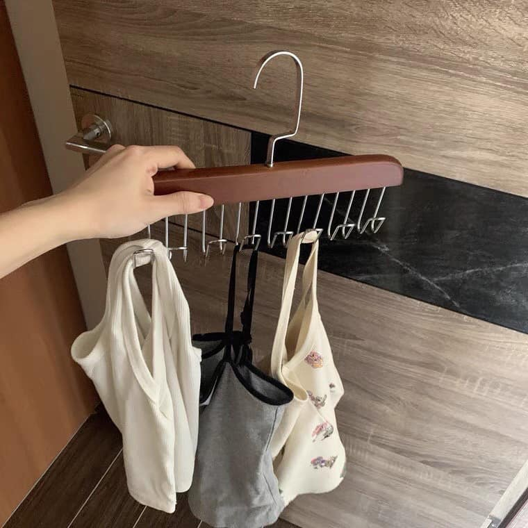 Móc Gỗ Treo Đồ Đa Năng, Móc Treo Đồ Lót, Khăn, Thắt Lưng, Cà Vạt, Áo 2 Dây Tiện Dụng Có Thể Xoay 360 Độ