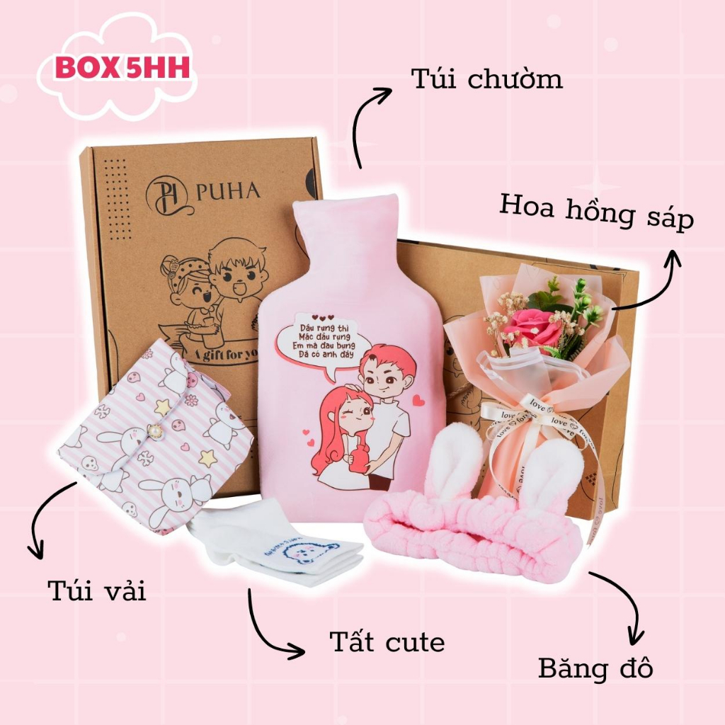 Ảnh Combo quà tặng người yêu có túi chườm nóng PUHA 1000ml và 4 món phụ kiện dễ thương 1