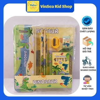 Bộ Dụng Cụ Học Tập 7 Món, Đồ Dùng Học Tập Cho Bé - Combo Hộp Đựng Bút Mẫu Người Nhện/ Khủng Long (không vỏ hộp quà)