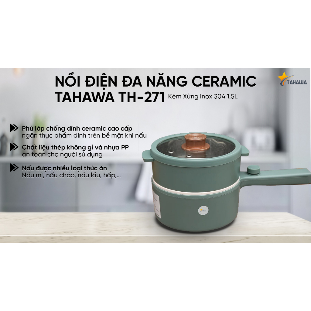 Nồi điện đa năng TAHAWA TH-271 nồi điện mini thiết kế xinh xắn nhỏ gọn, thuận tiện đặt trên bàn ăn, điều khiển bằng núm