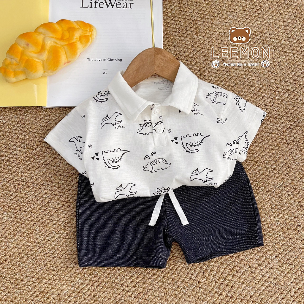 Bộ polo cổ đức hoạ tiết khủng long, bộ thun cộc tay có cổ bé trai Leemon