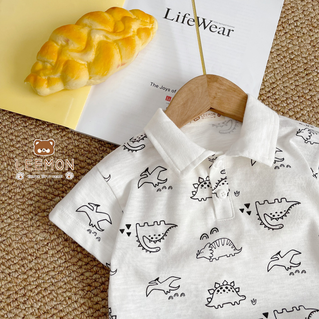 Bộ polo cổ đức hoạ tiết khủng long, bộ thun cộc tay có cổ bé trai Leemon