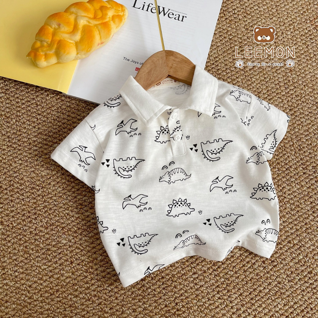 Bộ polo cổ đức hoạ tiết khủng long, bộ thun cộc tay có cổ bé trai Leemon