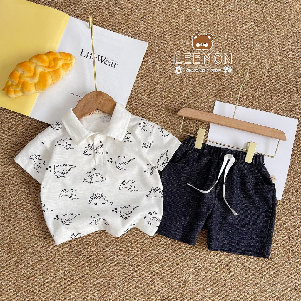 Bộ polo cổ đức hoạ tiết khủng long, bộ thun cộc tay có cổ bé trai Leemon