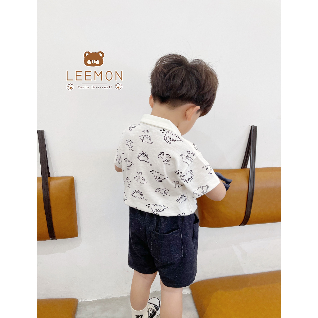 Bộ polo cổ đức hoạ tiết khủng long, bộ thun cộc tay có cổ bé trai Leemon