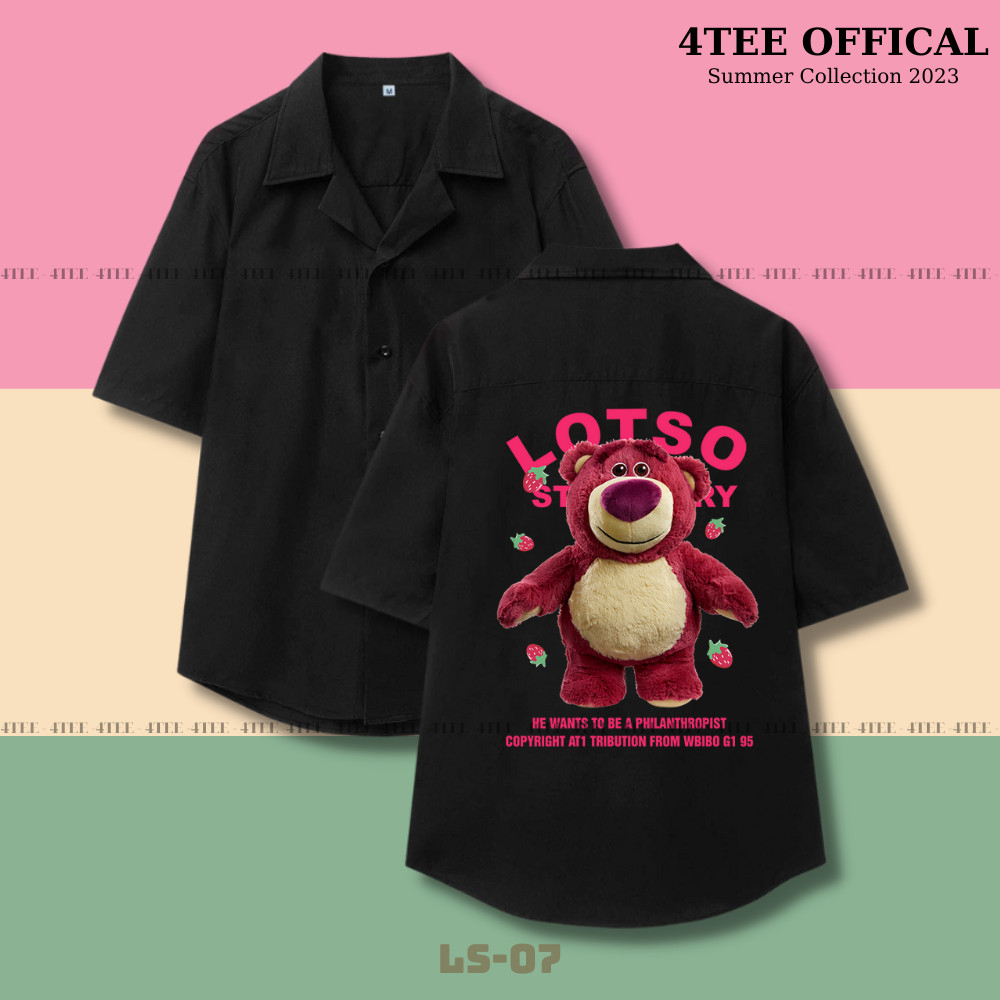 Áo Sơ Mi ĐEN gấu dâu LS Tiết Tay Ngắn Cổ Vest Thời Trang Unisex Vải Lụa Chéo
