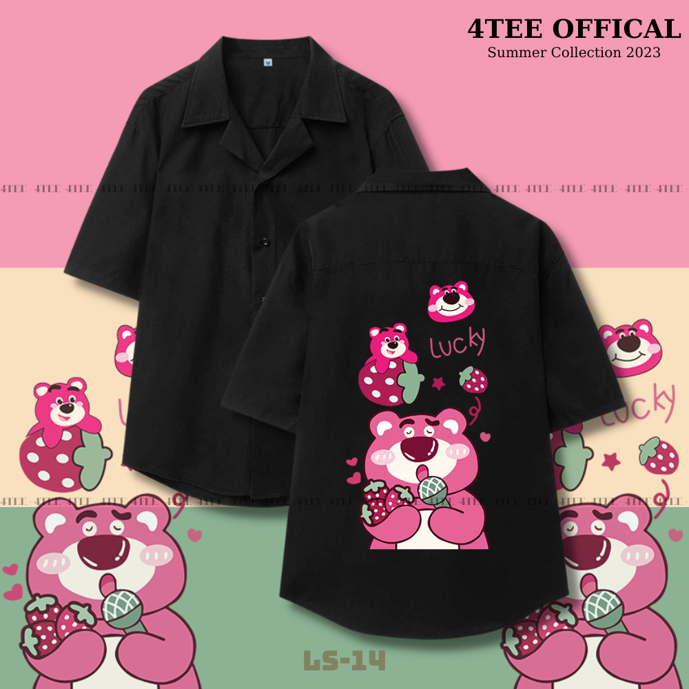 Áo Sơ Mi ĐEN gấu dâu LS Tiết Tay Ngắn Cổ Vest Thời Trang Unisex Vải Lụa Chéo