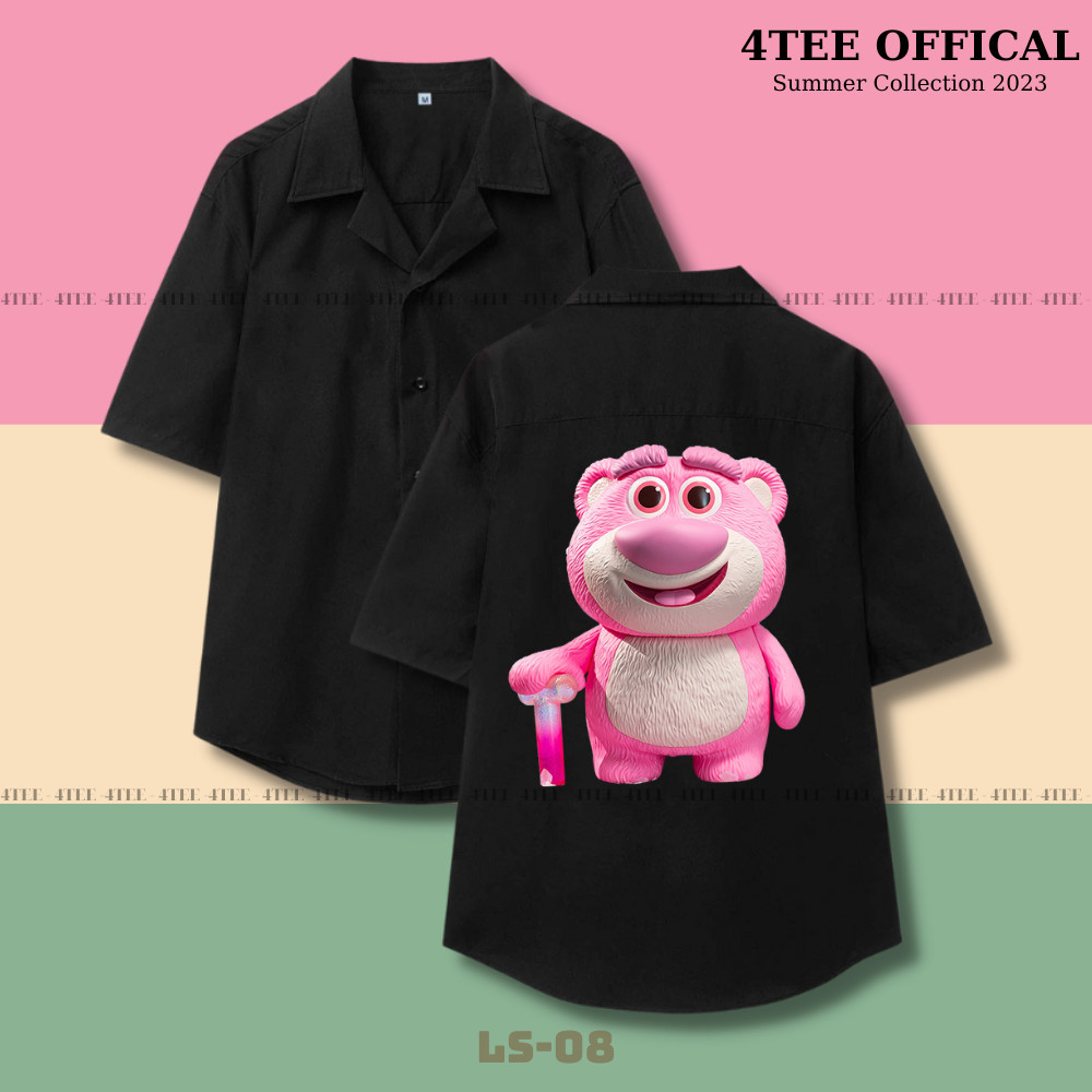 Áo Sơ Mi ĐEN gấu dâu LS Tiết Tay Ngắn Cổ Vest Thời Trang Unisex Vải Lụa Chéo
