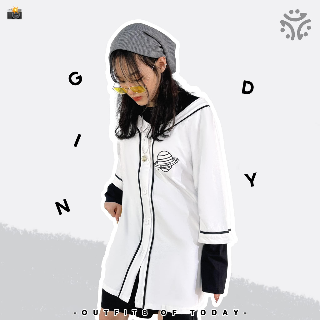Áo thun Nam Nữ form rộng phông tay lỡ Unisex thêu họa tiết Planet bóng chày Nam Nữ hàng cúc màu trắng đen GINDY A062
