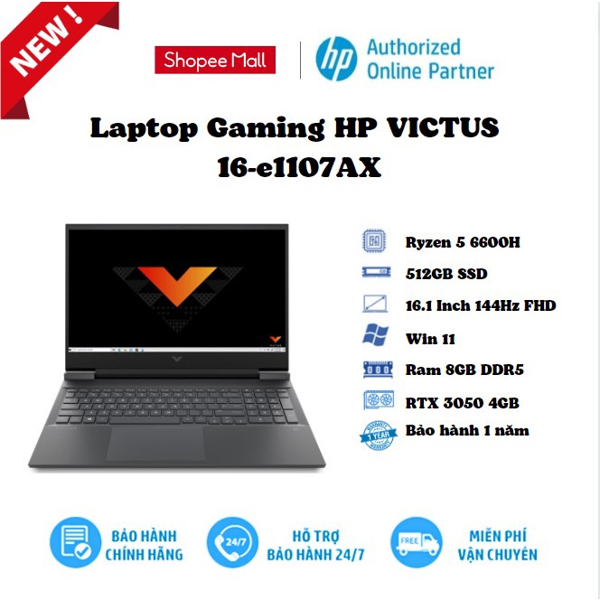 [Mã ELHP2TR5 giảm 12% đơn 18TR] Laptop HP VICTUS Gaming 16-e1107AX (7C140PA)/Đen/AMD Ryzen 5 6600H(up to 4.5GHz,19MB)
