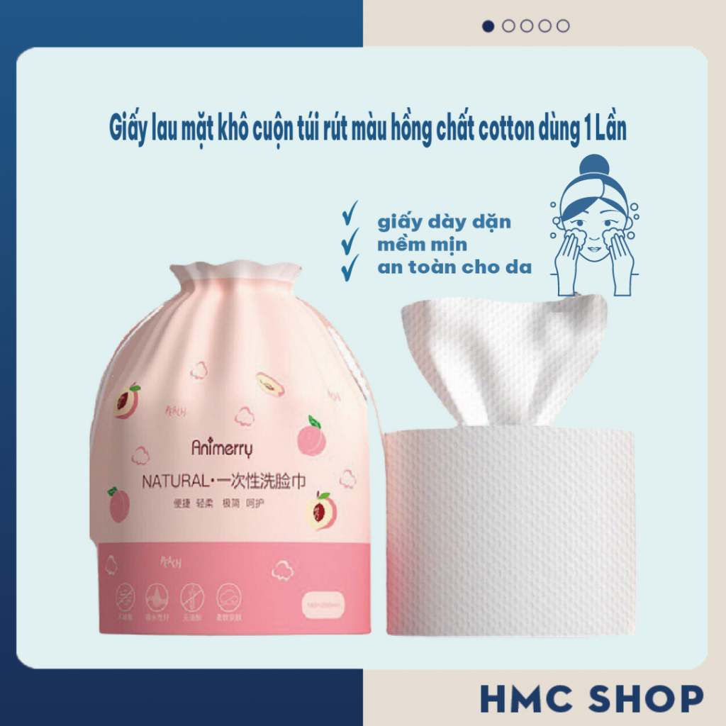 Giấy lau mặt khô cuộn túi rút màu hồng chất cotton dùng 1 Lần, khăn khô ...