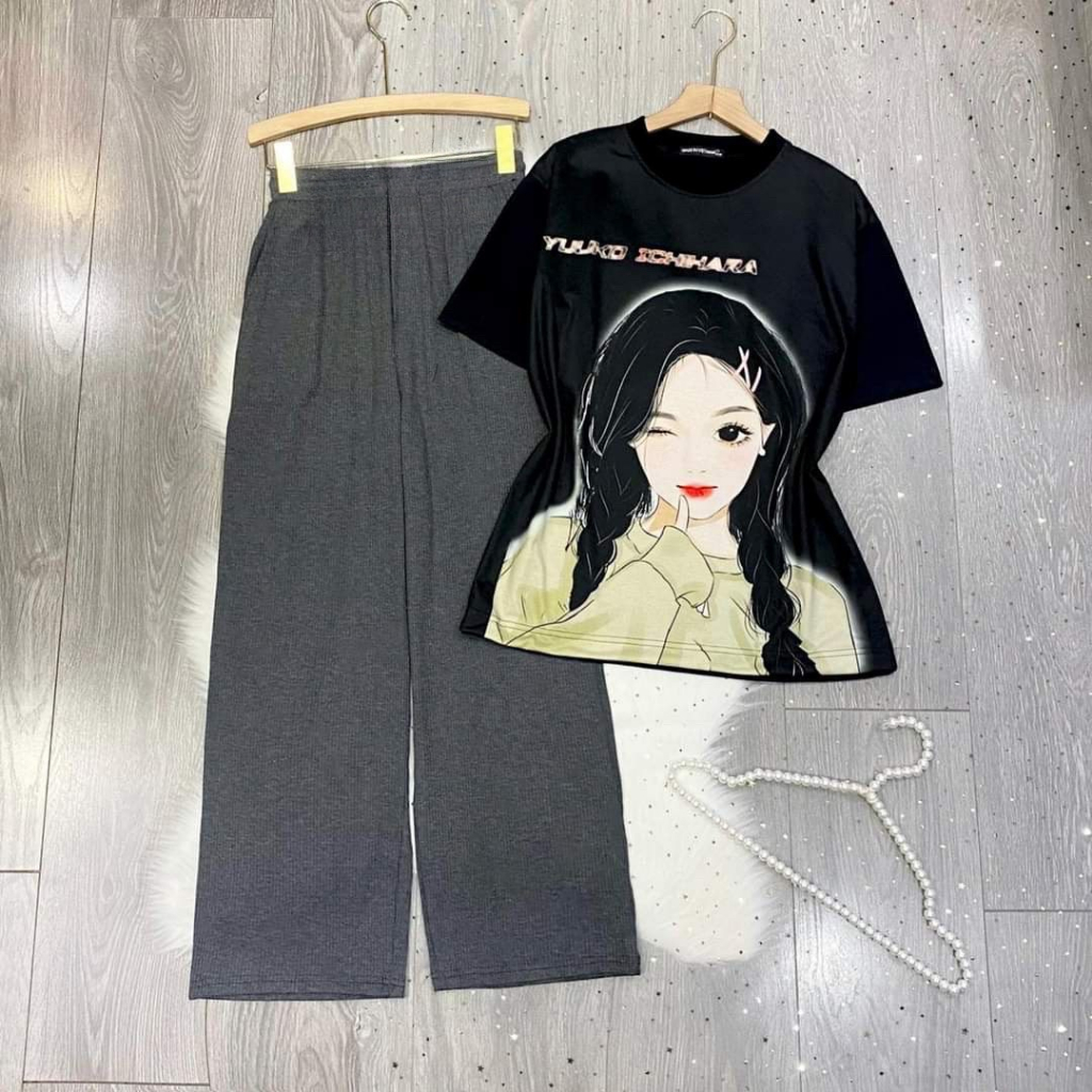 Đồ Bộ Nữ Quần Ống Rộng Bigsize ESHOP Đồ Mặc Nhà Nữ Áo Tay Ngắn Set Bộ Đẹp Xinh Dễ Thương DB678